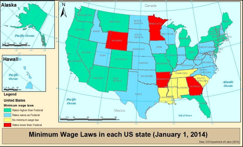 Minimum wage laws in each US state Jan 1st 2014 USE